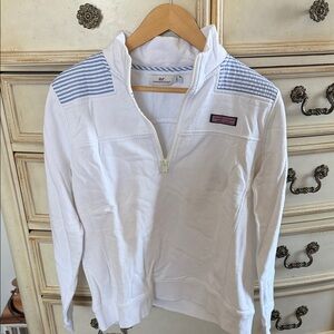 Vineyard Vines White Quarter-Zip Shep Shirt with Light Blue Seersucker Trim